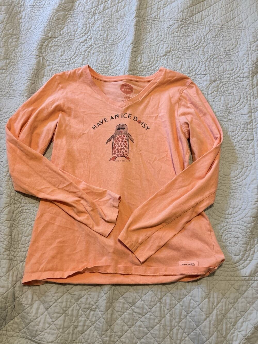 Life Is Good Women Pink Have An Ice Daisy Penguin Long Sleeve Crusher Tee Size S
